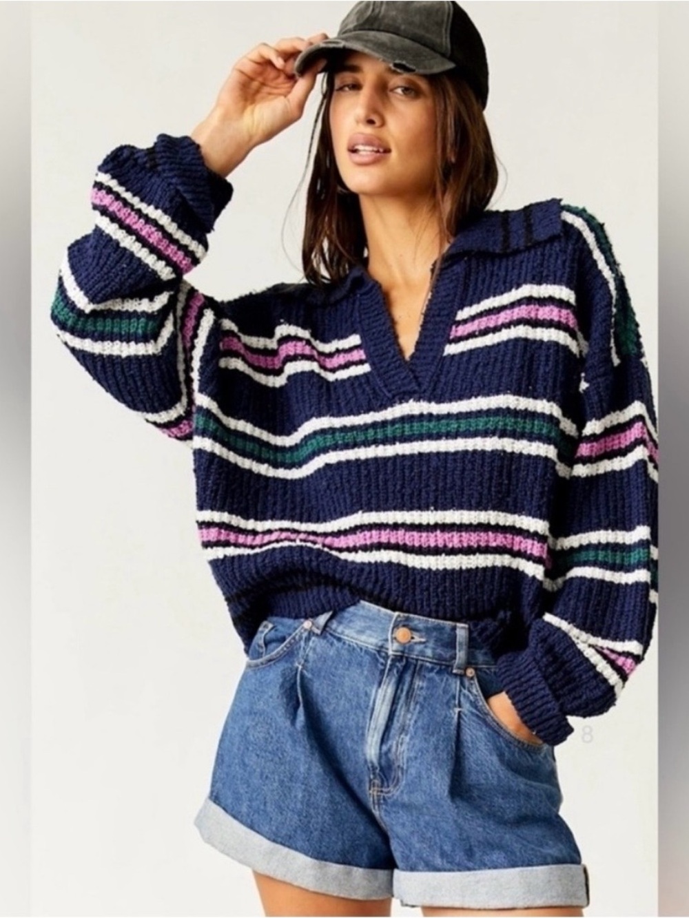 Free People Navy Striped V-Neck Chunky Knit Sweater XS
